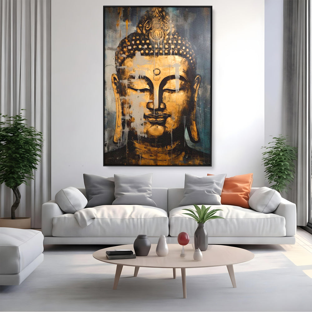 Tablou canvas cu tablou canvas cu chipul lui buddha, in rama de aluminiu negru, pe perete intr-un living